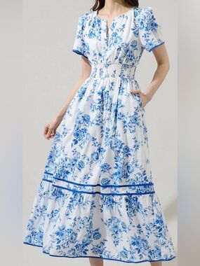 Sugarlips Juba Floral Ordy Smocked Midi Dress White with Blue Floral Print